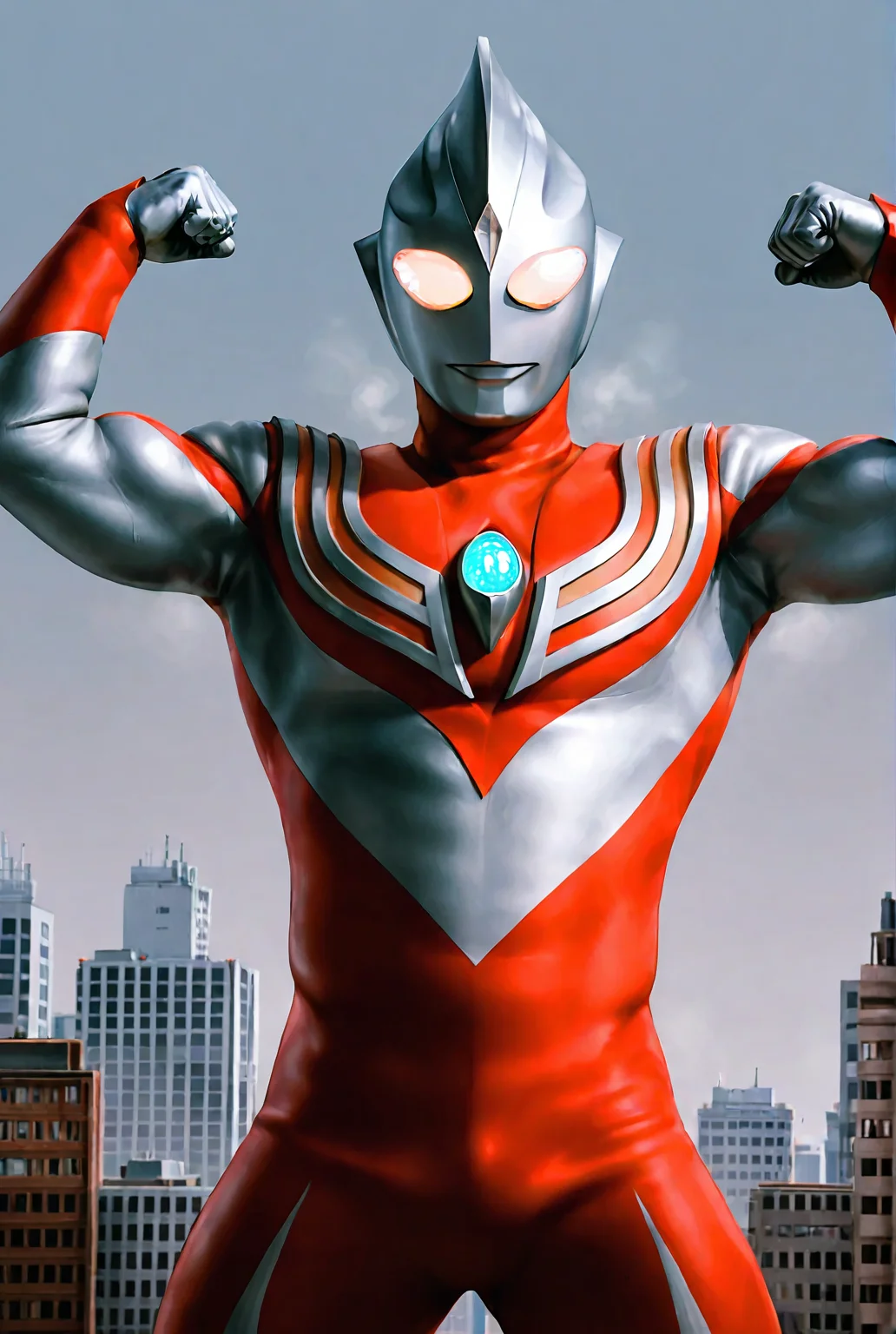 score_9,score_8_up,score_7_up,best quality,ultra-detailed,high resolution,digital painting,8k,1boy,solo,cowboy shot,male focus,bara,detailed face,2d,front view,alien,tokusatsu,bodysuit,glowing eyes,tiga power type,red bodysuit,flexing,muscular,presenting,giant,cityscape,<lora:add-detail-xl:1>,<lora:Ultraman Tiga:0.8>,