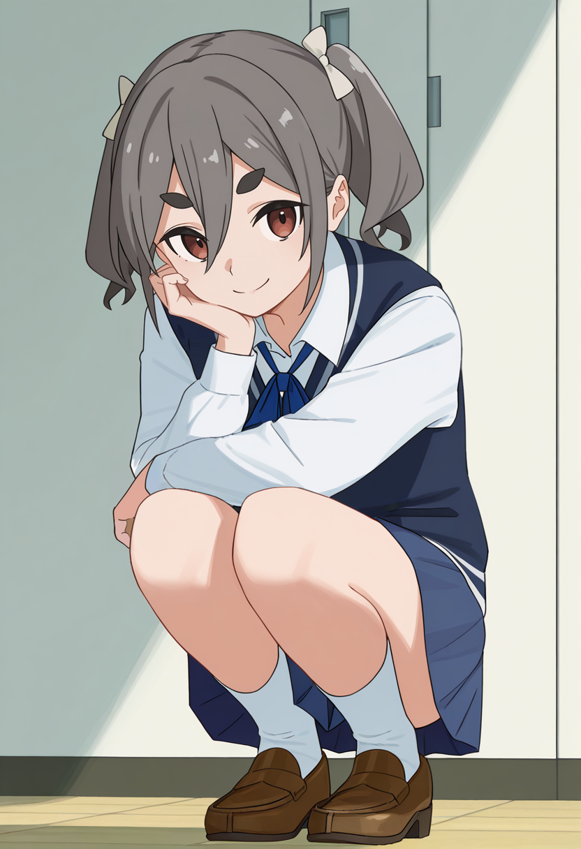 <lora:An KIRIYAMA_Illustrious-000038:1>,
An KIRIYAMA,1girl,squatting,solo,smile,socks,shirt,brown footwear,shoes,school uniform,ribbon,skirt,white shirt,long sleeves,loafers,white socks,vest,closed mouth,thick eyebrows,blue skirt,looking_at_viewer