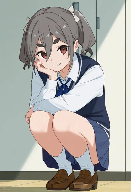 <lora:An KIRIYAMA_Illustrious-000038:1>,
An KIRIYAMA,1girl,squatting,solo,smile,socks,shirt,brown footwear,shoes,school uniform,ribbon,skirt,white shirt,long sleeves,loafers,white socks,vest,closed mouth,thick eyebrows,blue skirt,looking_at_viewer