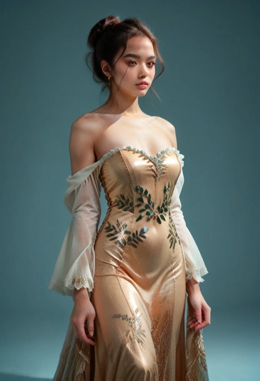 score_9, score_8_up, score_7_up, kebaya dress (long dress, skin tight, strapless, off shoulder, luxurious design, red),
pureerosface_v1, JDMAI_KEBAYA, JDMAI_ARIEL_SARI,
(dynamic lighting), (dynamic shadow), 4k, HD, Hi res, cinematic masterpiece, photographic masterpieces, epiCPhoto,
Neat hair bun, professional makeup, side view,
Portrait, upper body, alluring pose,
(simple turquoise background), (blurry background), (sharp focus on object),