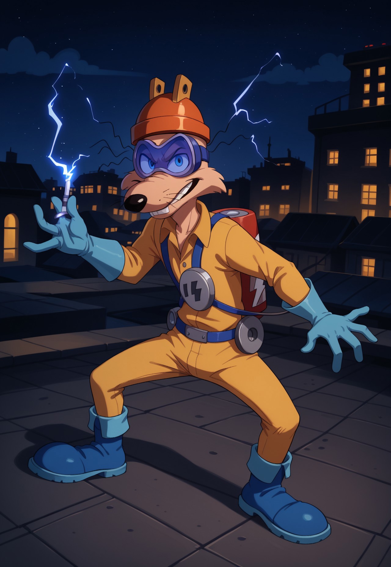 safe_pos, score_9, score_8_up, score_7_up, score_6_up, score_5_up, score_4_up, 1boy, solo, looking at viewer, anthro, megavolt, orange helmet, safety goggles, buck teeth, two protruding hairs on each side, limbal ring on left eye, four fingers, yellow overall, cable reel on left hip, whiskers, red battery on back, plug on chest, blue gloves, blue boots, evil smiling, rooftop setting, perspective, dynamic pose, electrokinesis, electricity, night