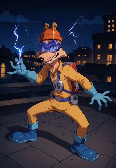 safe_pos, score_9, score_8_up, score_7_up, score_6_up, score_5_up, score_4_up, 1boy, solo, looking at viewer, anthro, megavolt, orange helmet, safety goggles, buck teeth, two protruding hairs on each side, limbal ring on left eye, four fingers, yellow overall, cable reel on left hip, whiskers, red battery on back, plug on chest, blue gloves, blue boots, evil smiling, rooftop setting, perspective, dynamic pose, electrokinesis, electricity, night