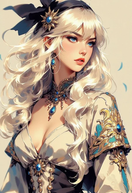 Special Ink-drawing mode, Special Ink-drawing mode, Mh1$AgThS2, intricate linework with expressive contrasts, closeup side portrait of fantasy princess wearing elaborate embroidered gown, long bleached hair, bangs