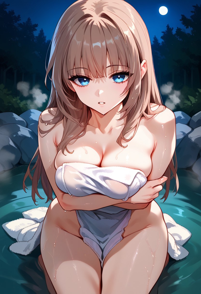 zPDXL3, score_9_up, score_8_up, score_7_up, (Anime_source), 1girl, Sistina, light brown hair, blue eyes, long hair, nude, towel, covering, parted lips, kneeling in hot tub, outside, night, trees, cowboy shot, steam, wet, looking at viewer, from above