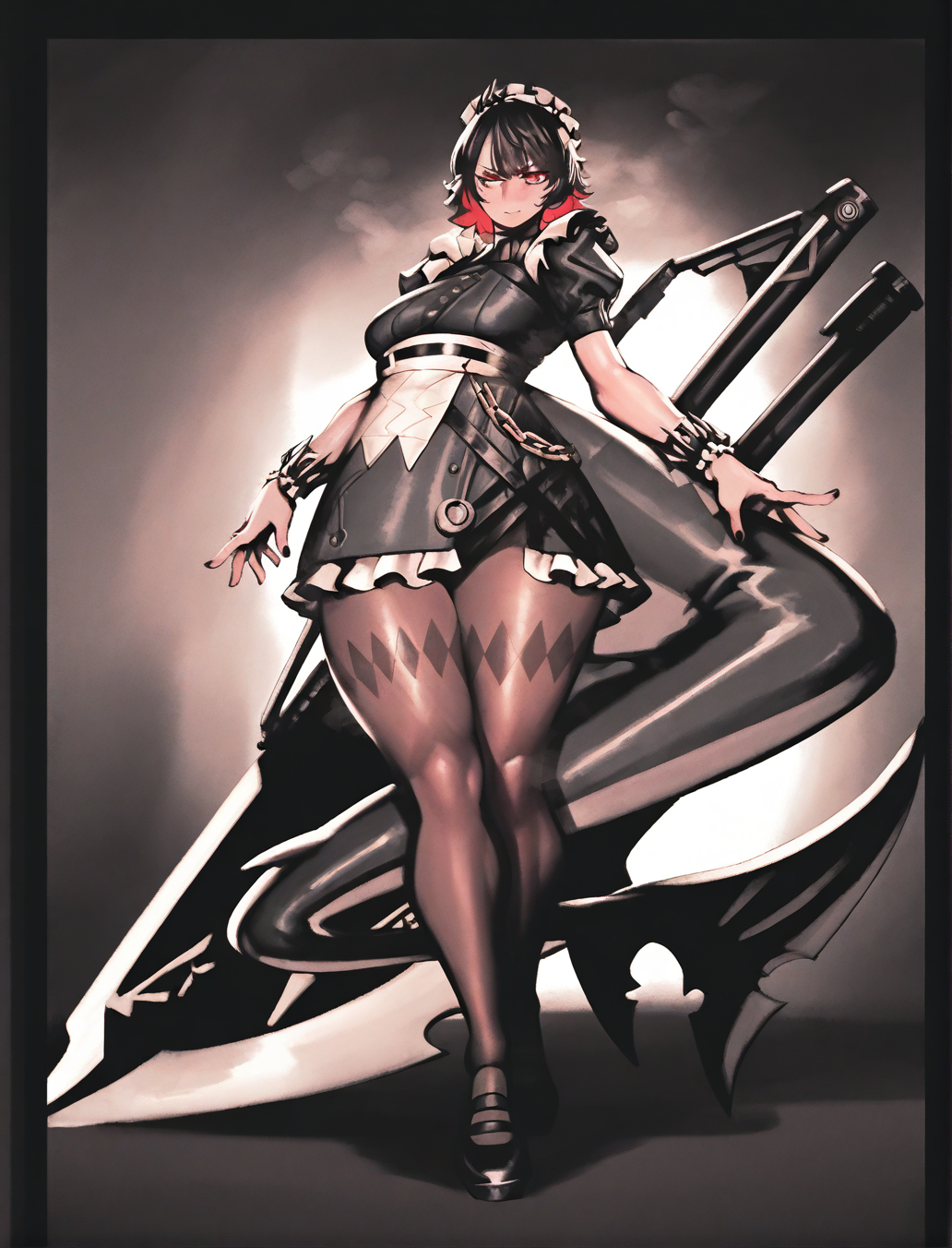 <lora:noodlenoodILLUS:1> noodlenood,
(masterpiece), (best quality), (ultra-detailed), amazing quality, very aesthetic, illustration, perfect composition, intricate details, absurdres, incredibly absurdres, shiny skin, realistic,
dynamic pose, perspective,
 noodlenood, 1girl, maid headdress, black hair, pantyhose, huge weapon, red eyes, fish tail, multicolored hair, red hair, maid apron, puffy short sleeves, short hair, puffy sleeves, black border, white background, shark tail, dress, sword, full body, looking at viewer, black footwear, colored inner hair, breasts, two-tone hair, black nails, simple background