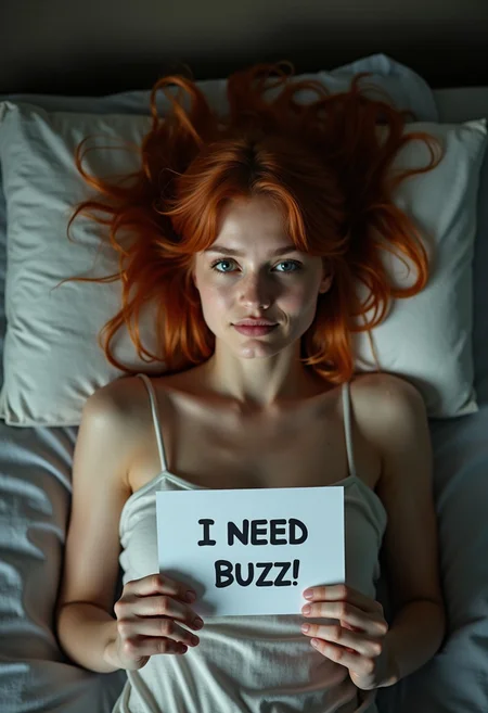 A photo of a young woman with copper-coloured hair, 18 years old, with a very youthful appearance, lying alone in her bed. Her shoulders are upward exposed. She has a face with a beautiful agony. This could be a depiction of "la petite mort," a French term that translates to "the little death." The woman has a pleasant expression, her eyebrows furrowed, her shoulders tightened. The room is dimly lit. she holds a sign " I NEED BUZZ!"