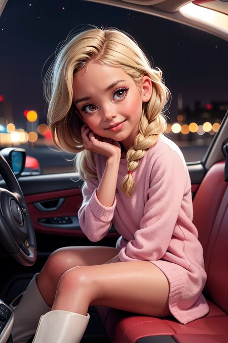 sultry, blush, watercolor style,  mascara, lipstick,  extra long shirt, bottomless, thigh high boots, (night:1.2), bokeh, distinct facial features, blonde, asymmetrical braid, car passenger seat,looking at viewer, head tilt,  smile, pov, shallow depth of field, vignette, highly detailed,  <lora:MarcelMarlier:0.7> marlier