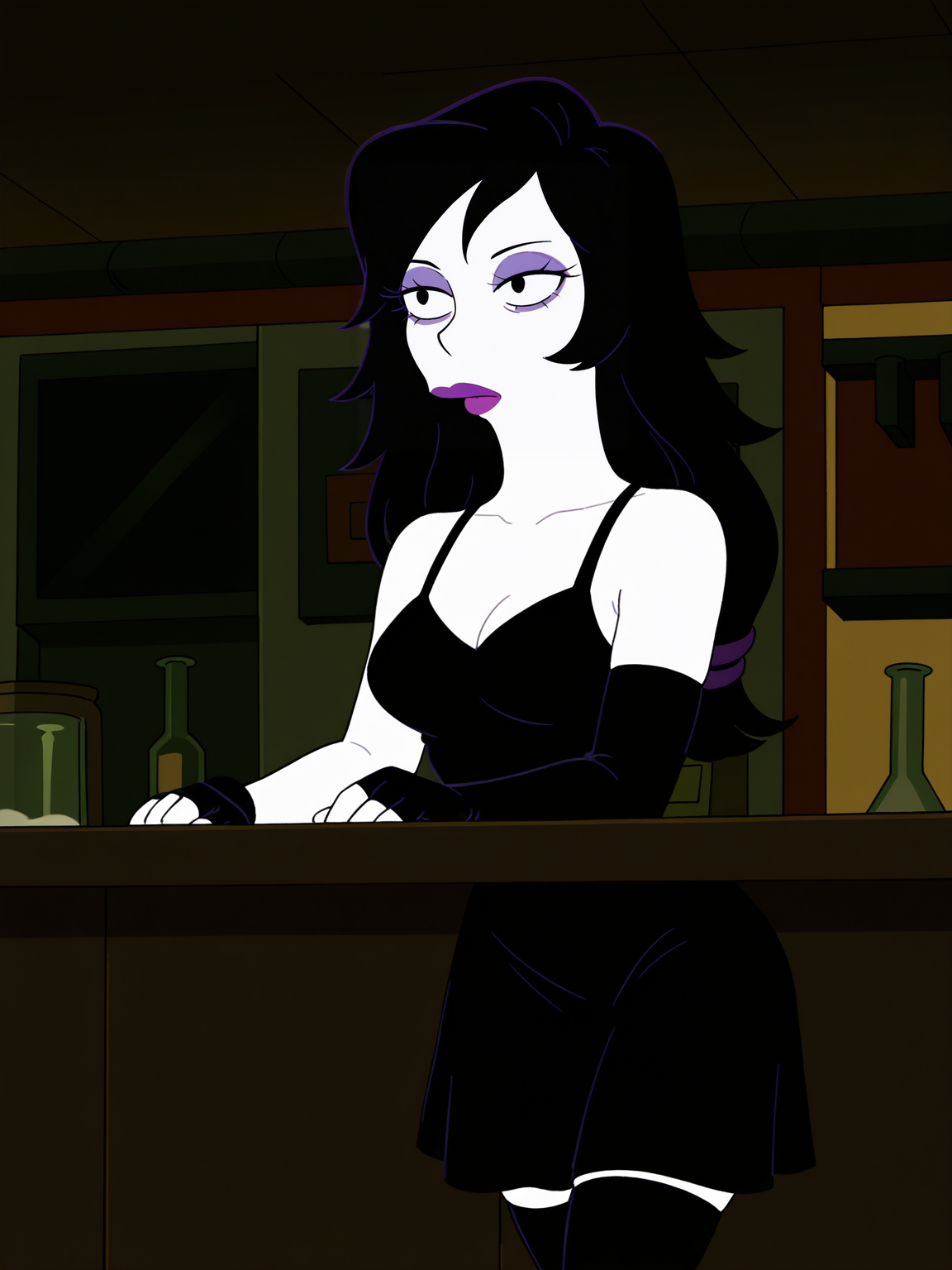 white skin, vampire, black hair, long hair, streaked hair, gothic, medium breasts, purple lips, purple eyeshadow, black eyeliner, bare shoulders, black dress, black thighhighs, black fingerless gloves, standing, leaning bar counter, bar, indoors, expressionless, solo, upper body, close-up,
,  <lora:FuturamaHRIL:1>, best quality, absurdres