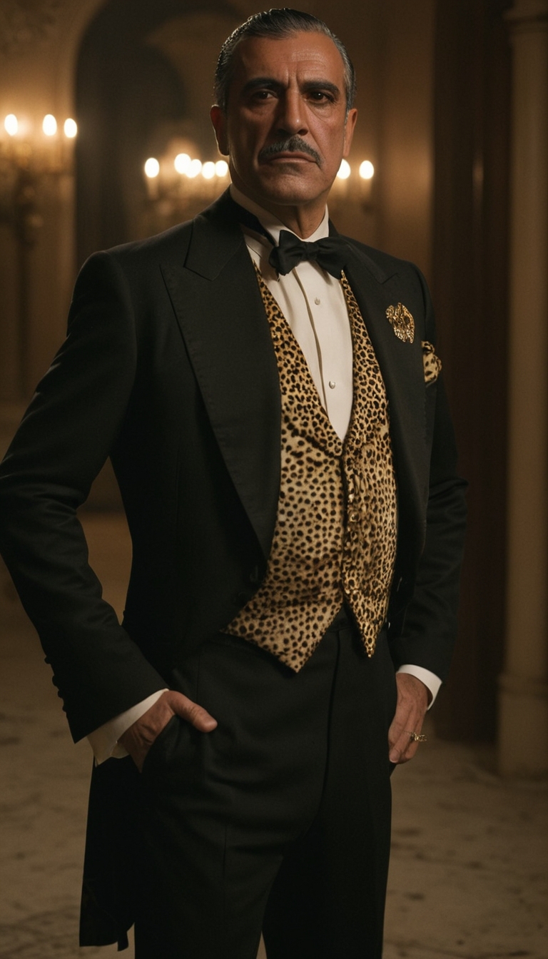 photograph, sharp and in focus, Cinematic, Dirty Alberto Fernndez, Spellblade, Alberto Fernndez is dressed in Evening wear, his Evening wear is 1920'S and has Cheetah embroidery on it, Standing with hand on hip