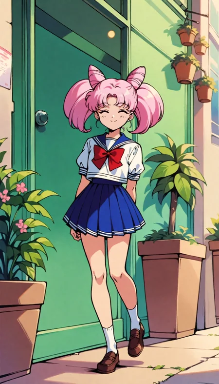 masterpiece,best quality,very aesthetic,absurdres,Sailor Chibimoon XL,1girl,solo,pink hair,hair bun,cone hair bun,closed eyes,twintails,school uniform,double bun,smile,skirt,serafuku,sailor collar,socks,plant,potted plant,full body,jewelry,1990s \(style\),<lora:Sailor Chibimoon XL:0.8>,street,