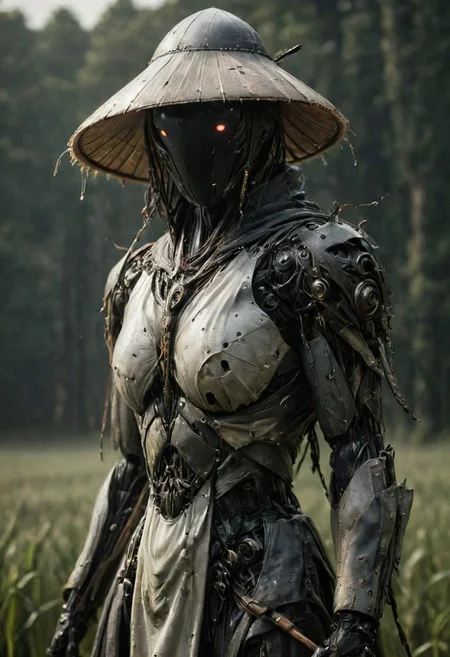 super closeup portrait by franco fontana, Create a vivid scene featuring a busty feudal cyborg shinobi, adorned in white linen hanfu with a large bamboo sedge hat, standing on a dew-covered morning meadow. arms up, bruce lees iconic fighting stance pose, while a subtle glowing aura of energy envelops the warrior.