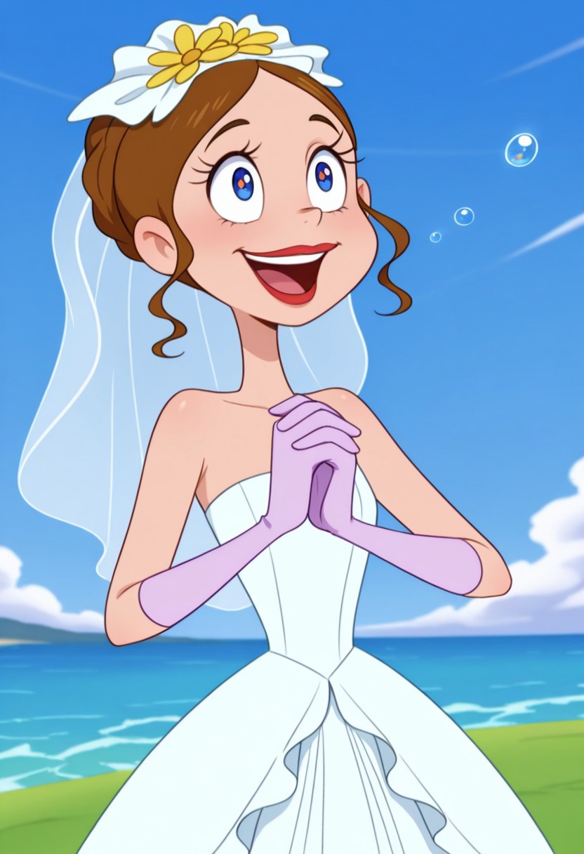 detailed background, solo, 1girl, FtpdMermaid, human, red lipstick, brown hair let down, blue and white wedding dress, white bridal veil, purple gloves, yellow flower on veil, holding Bucay of roses in hand, happy, (((expressive))), head movement, solo, ((body movement, hand movement)), wedding, wedding scenery, outdoors, on hill, ocean in background, beautiful sky, scenery, bubbles, detailed scenery, masterpiece, best quality, amazing quality, absurdres, newest, high res, ultra detailed, best quality, best artwork, detailed eyes, (eyes focus), perfect eyes, big iris, pupils visible, 4k, ultra quality, perfect face