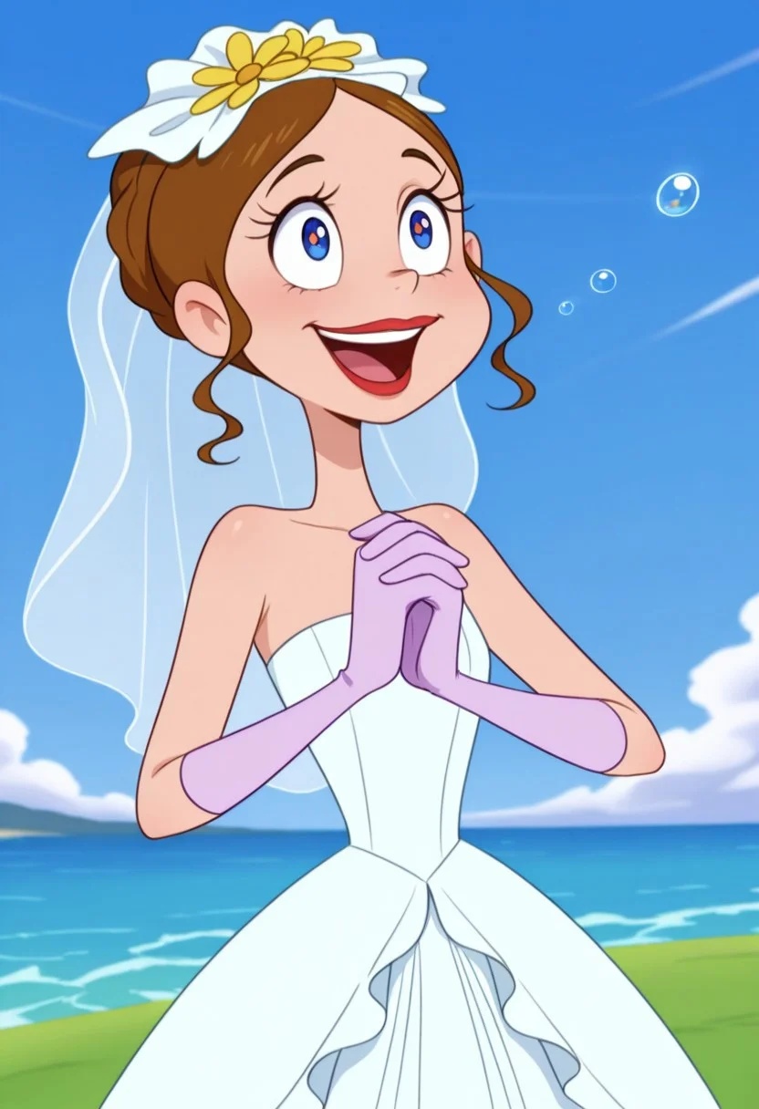 detailed background, solo, 1girl, FtpdMermaid, human, red lipstick, brown hair let down, blue and white wedding dress, white bridal veil, purple gloves, yellow flower on veil, holding Bucay of roses in hand, happy, (((expressive))), head movement, solo, ((body movement, hand movement)), wedding, wedding scenery, outdoors, on hill, ocean in background, beautiful sky, scenery, bubbles, detailed scenery, masterpiece, best quality, amazing quality, absurdres, newest, high res, ultra detailed, best quality, best artwork, detailed eyes, (eyes focus), perfect eyes, big iris, pupils visible, 4k, ultra quality, perfect face