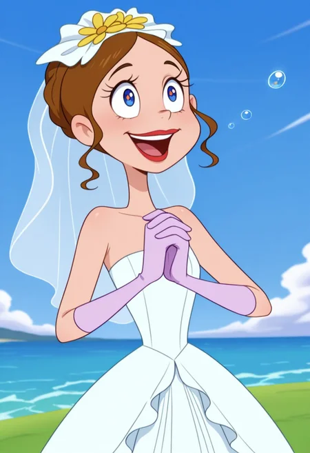 detailed background, solo, 1girl, FtpdMermaid, human, red lipstick, brown hair let down, blue and white wedding dress, white bridal veil, purple gloves, yellow flower on veil, holding Bucay of roses in hand, happy, (((expressive))), head movement, solo, ((body movement, hand movement)), wedding, wedding scenery, outdoors, on hill, ocean in background, beautiful sky, scenery, bubbles, detailed scenery, masterpiece, best quality, amazing quality, absurdres, newest, high res, ultra detailed, best quality, best artwork, detailed eyes, (eyes focus), perfect eyes, big iris, pupils visible, 4k, ultra quality, perfect face