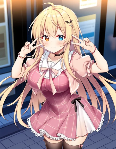 masterpiece, best quality, amazing quality, ultra detail, best resolution, good anatomy, good hand,
BREAK <lora:enomoto-mikaru Imokone - todoketai koigokoro(MitsuYukiTyakai)-illustrious:0.6> enomoto-mikaru, blonde hair, ahoge, bats hair ornament, hairpin, odd eyes, blue eye, orange eye, large breasts, hair down,
BREAK outfit01, choker, black choker, dress, pink dress, plaid dress, frilled dress, ribbon on dress, black ribbon on dress, bow dress, light pink bow dress, side slit dress, bolero, light pink bolero, shirt sleeves, puffy sleeves, skirt, white skirt, lace skirt, bracelet, thighhighs, black thighhighs,
BREAK 1girl, standing, hands up, double v, smile, in city,