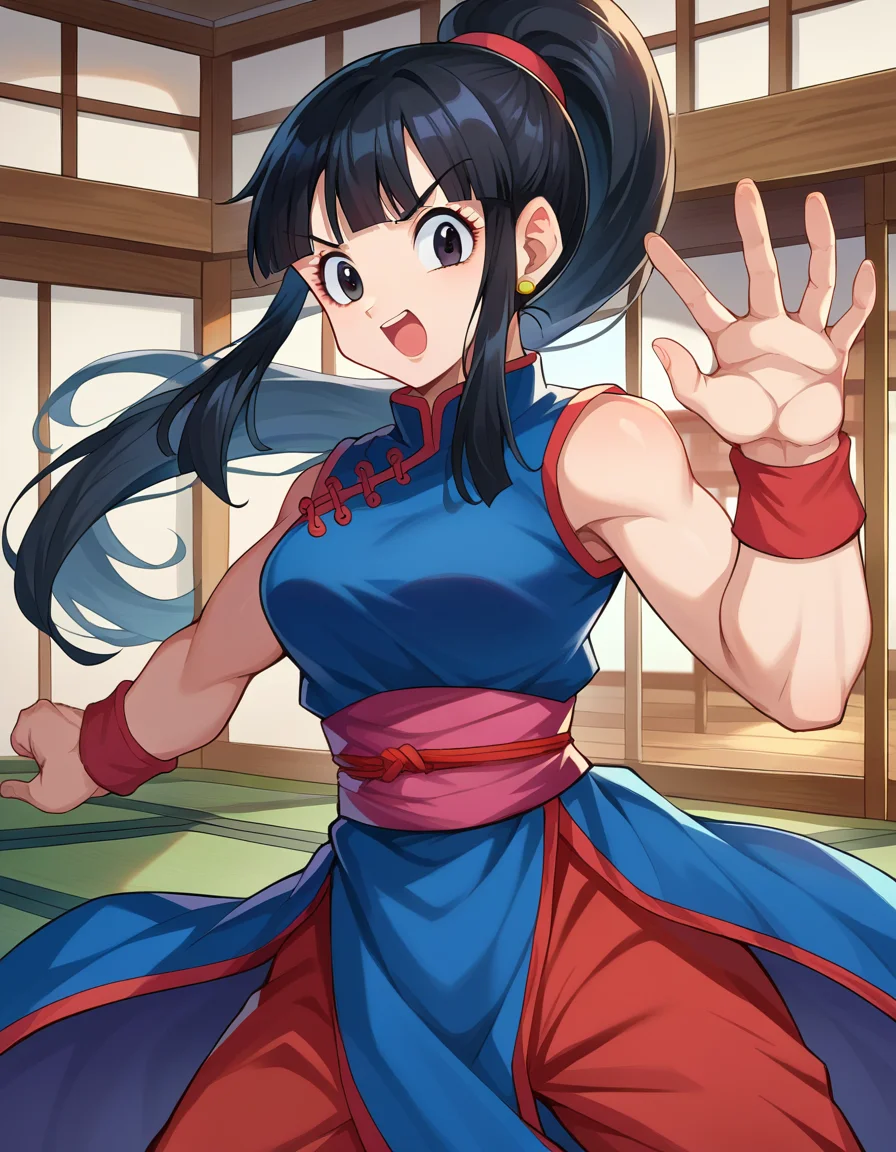 score_9, score_8_up, score_7_up, source_anime,
dragonballchichi, <lora:dragonball-chichi-ponyxl-lora-nochekaiser:1>,
chi chi, black eyes, black hair, long hair, hime cut, blunt bangs, sidelocks,
bare arms, blue dress, china dress, chinese clothes, dress, high collar, obi, pants, ponytail, red pants, red sash, red wristband, sash, side slit, sleeveless, sleeveless dress, wristband,
indoors, dojo, fighting stance, open mouth,
looking at viewer, dutch angle, cowboy shot,