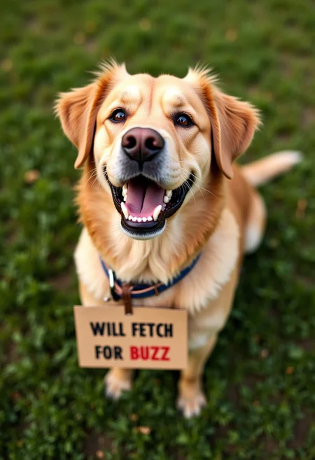 Top down view of a Nova Scotia Duck Tolling Retriever in a field of grass, lovingly looking at the viewer. Hanging from the dog's collar is a cardboard sign that says "WILL FETCH FOR BUZZ"