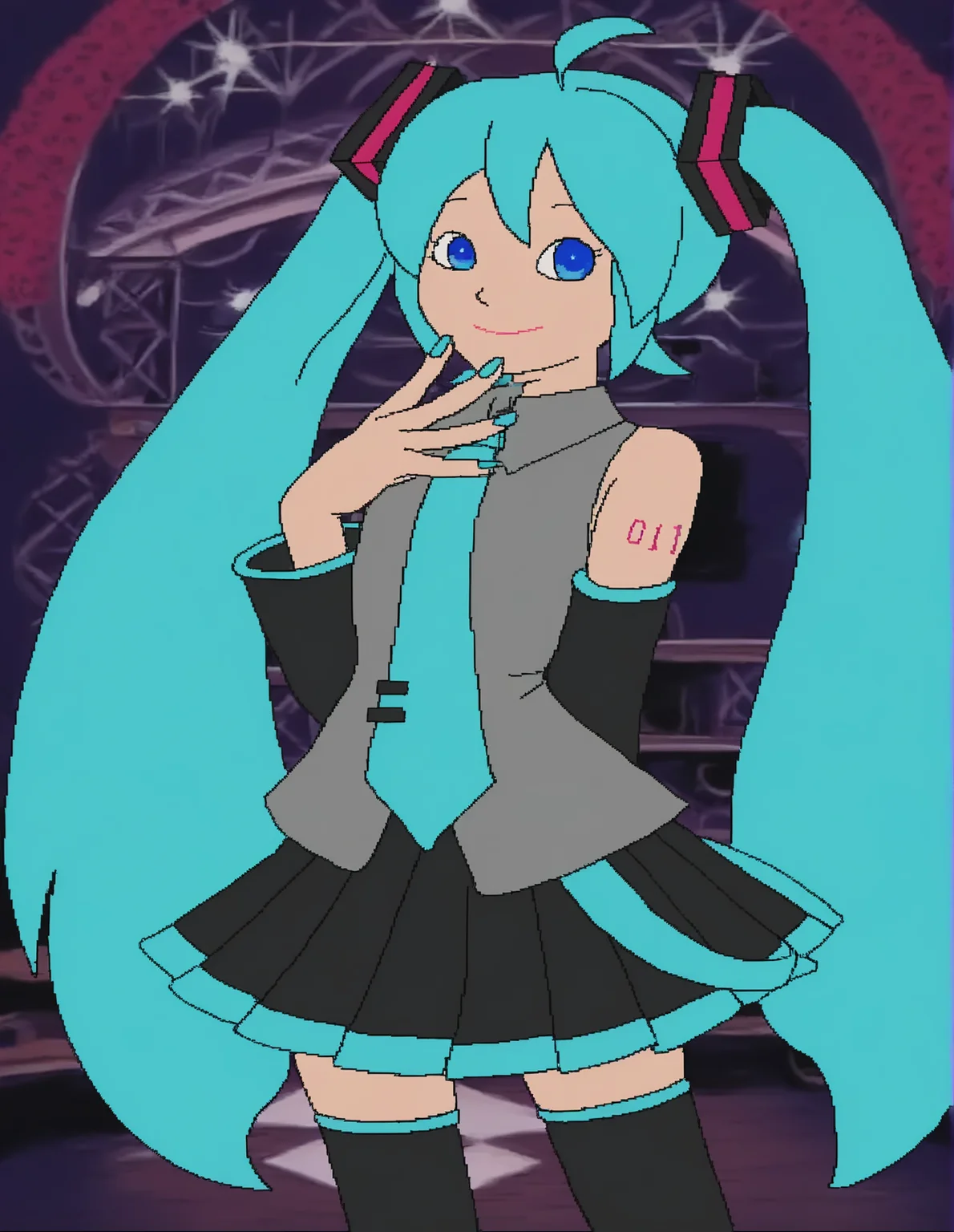 <lora:cdi-style_vpred-noobaiv10_:1>, cdi style, flat colors, 1girl, ahoge, bare shoulders, black skirt, black sleeves, black thighhighs, detached sleeves, hair ornament, hatsune miku, long hair, miniskirt, nail polish, pleated skirt, shirt, skirt, sleeveless, sleeveless shirt, solo, thighhighs, twintails, very long hair, vocaloid, inside, nightclub, stage, concert, on stage, performance, looking at viewer, happy, blue eyes,âââ