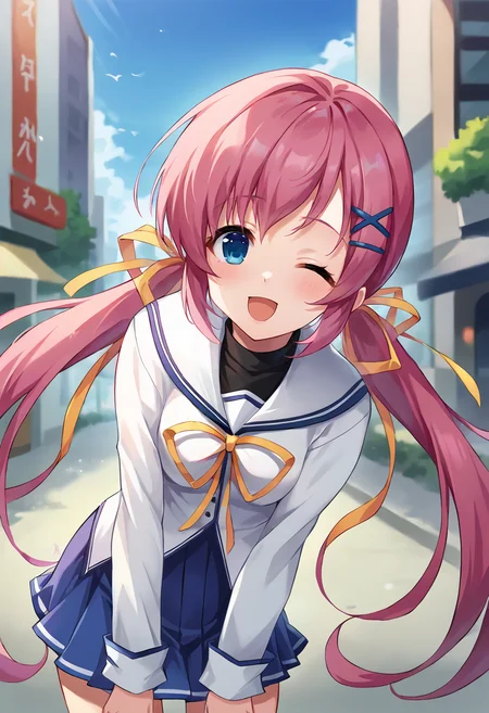 score_9, score_8_up, score_7_up, masterpiece, source_anime, 1girl, ct_nanaka, blue eyes, pink hair, twintails, long hair, x hair ornament, hairclip, hair ribbon, white serafuku, black turtleneck, white sailor collar, yellow neck ribbon, puffy long sleeves, blue skirt, one eye closed, happy, leaning forward, looking at viewer, outdoors, city, depth of field, cowboy shot, <lora:ShirakawaNanaka_Pony_ct:1>