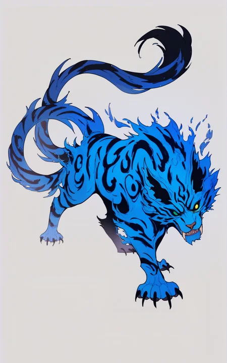 score_9, score_8_up, score_7_up,((best quality)), absurdres, ((full body)), <lora:BolivanteStyle:0.8>, <lora:MTTBPXL:0.8>,MTTBPXL, two tails, claws, sharp teeth, stripes, furry, yellow eye, green eye, heterochromia, black sclera, fire effect, blue fur, blue skin, feral, white background, tails