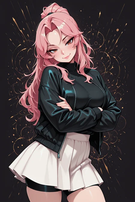 aijalon, Jedbrsh, Jedbrsh effect, masterpiece, best quality, amazing quality, dark theme, vivid high contrast colors, brushstrokes, brush swab, drips, from side, abstract background, 1girl, solo, kaiseisakuraba, pink hair, brown eyes, mature, slim, black jacket, open jacket, white skirt, black turtleneck, shorts under skirt, bike shorts, blush, (head tilt:1.5), arms crossed, looking at viewer, (naughty face:1.25), <lora:Aijalon_Anitoon:.7>  <lora:kaiseisakuraba:1> <lora:BrushstrokesIL:.7>