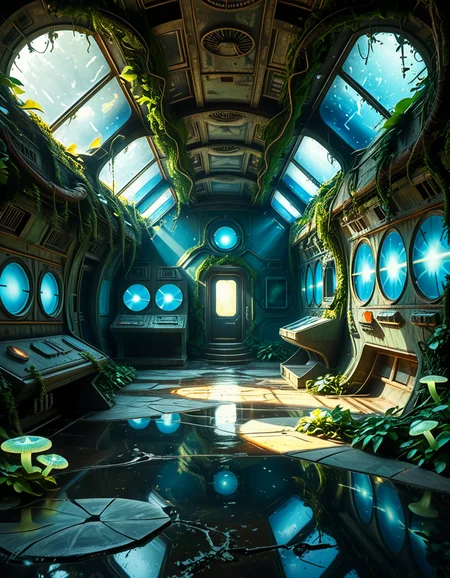 The interior of an ancient abandoned spaceship, overtaken by lush vegetation. The walls and ceiling are covered in thick, twisting vines and moss. Strange alien plants glow faintly in shades of blue and green, casting an eerie, mystical light across the metallic surfaces. Rusted control panels and shattered glass windows hint at a long-forgotten past. The floor is cracked and partially flooded with still, reflective water. Patches of bioluminescent fungi cling to the corners, adding a surreal atmosphere. The air feels heavy with moisture, and beams of soft, diffused light filter through holes in the hull, creating dramatic shafts of light and shadow. The overall style is hyper-realistic, rich in textures, with a cinematic and slightly melancholic mood.<lora:SDXLFaeTastic2400:0.4> <lora:extremely_detailed:0.4> extremely detailed,<lora:ancient_abandoned_sp4c3sh1p:1>,ancient abandoned sp4c3sh1p, Masterpiece,best quality,hi res,8k,hi res,8k,award winning,(sharp focus, intricate, highly detailed),