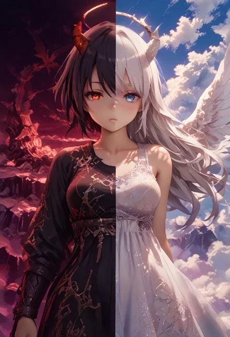 score_9, score_8_up, score_7_up, score_6_up, source_anime, masterpiece,
mythp0rt,
Vicineko, 3d,
SplitScreen, split screen, upper body, <lora:SplitScreen_illusXL_Incrs_v1:1.2>,
1girl,
full body. petite, medium-large breasts,
white hair,
halo,
blue eyes,
angel,
white dress,
angel wing,
pure,
adorable,
clear sky, clouds,
SplitScreen, split screen, upper body, <lora:SplitScreen_illusXL_Incrs_v1:1.2>,
1girl,
full body. petite, medium-large breasts,
black hair,
demon girl,
red eyes,
human,
horns,
demon wing,
seductive look,
black clothes,
see through clothes,
reddish hell scenery,