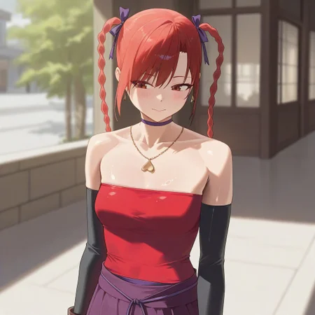 (best_quality, detailed, masterpiece, very_aesthetic, absurdres), general, m.q \(mqkyrie\), (zuharu:0.5)
BREAK
1girl, small breasts, upper_body, adult, ambient occlusion, ray tracing, shiny skin, blurry background, shadow
BREAK
sumiresmtnine, red hair, long hair, twin tails, choker, hair ribbon, earrings, necklace, red tube top, sleeveless, black elbow gloves, brown gloves, purple skirt