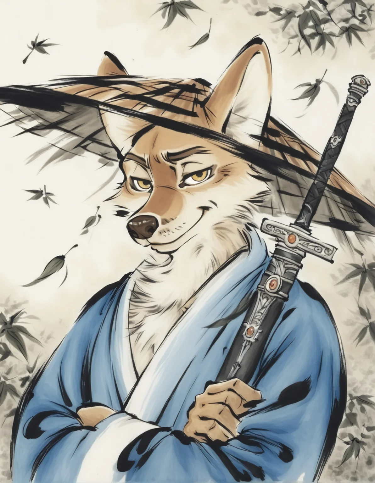 traditional ink wash, style-d,
coyote, kemono, tan fur, anthro, solo, male ,bust portrait, athletic male, looking at viewer, mischievous smile, crossed arms, sword scabbard, half-closed eyes, yellow eyes, dramatic lighting, chinese straw hat, leaf, wind,fluffy fur, blue chinese shirtï¼
<lora:PseudoInkWash_1.22-vpred-r:1>