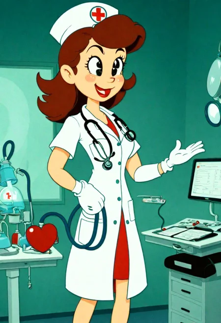 (rubber_hose_character:1.1) <lora:RubberHose_Characters_SDXL_v1:1.3>, cartoon, a woman doctor in an operating room