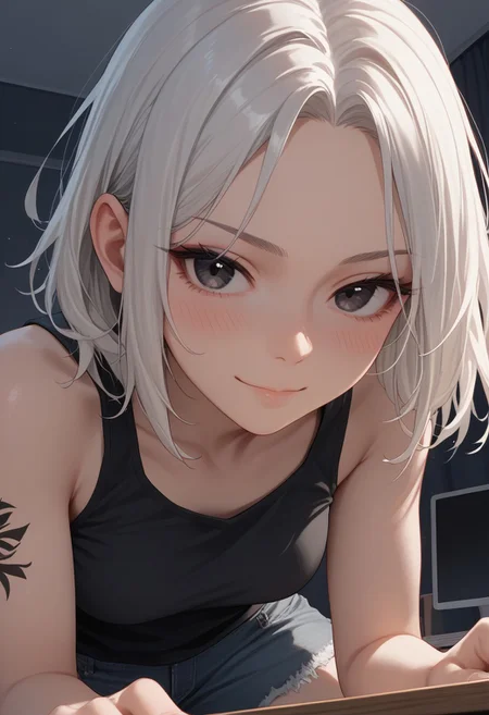 score_9, score_8_up, score_7_up, 26 years old,, zPDXL3, 1girl, solo, medium breasts, white hair, (from below),
(face focus, close-up:1.6), eyeshadow, tattoo on arm,
black eyes, medium hair, messy hair, dutch angle, chair, (white tanktop, black hoodie, bare shoulders), denim shorts, pantyhose, indoors, computer desk, sitting behind desk, night, desk light, relaxed, bedroom, smug, blush, looking at viewer,