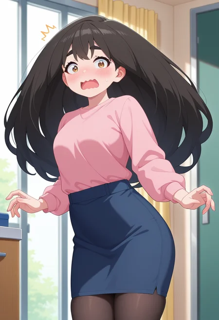 masterpiece, best quality, amazing quality, absurdres, 1girl, solo, cowboy shot, sakurakoww, brown eyes, black hair, long hair, big hair, thick eyebrows, pink shirt, long sleeves, blue pencil skirt, black pantyhose, looking at viewer, surprised, wavy mouth, open mouth, indoors, day, skindentation, detailed clothing folds, depth of field, sharp, high contrast, dynamic light <lora:Umeyashiki_Sakurako_Me_and_the_Alien_MuMu_ill:0.8>