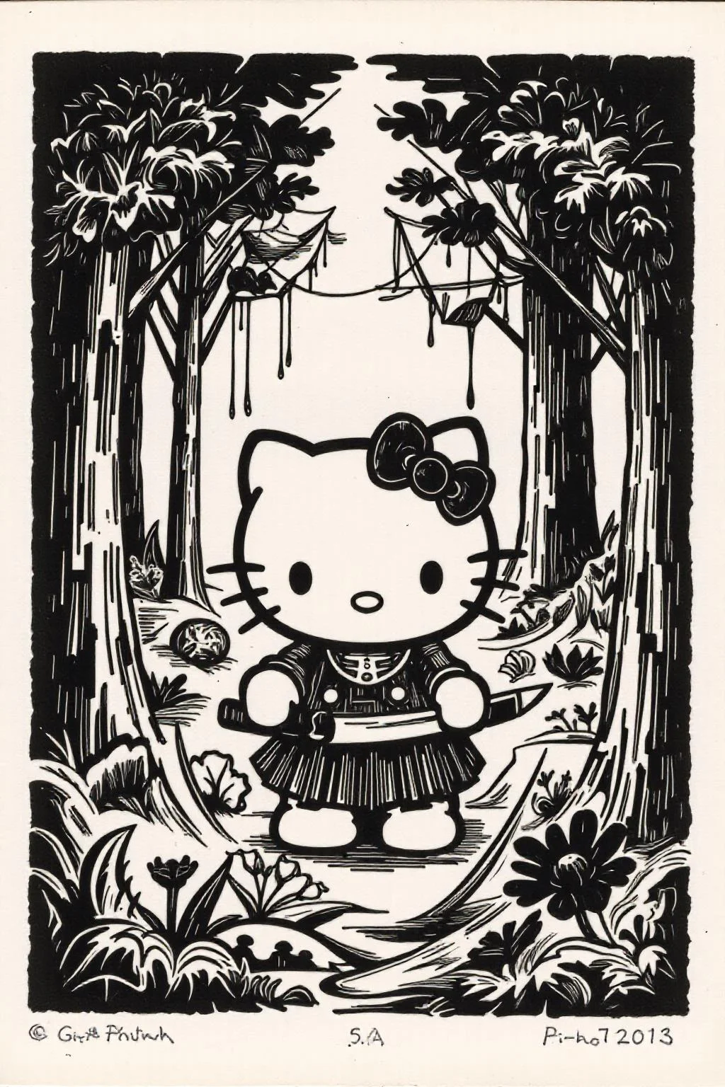 k1ooster black and white drawing of Hello Kitty in the middle of the forest holding a knife, the atmosphere and the character looks scary, Hello Kitty is hidden by the shadows. <lora:Klooster.Border.D8A4.R15E10.ep10:1.0> <lora:Flux-Sch-SingleBlocks-BF16:1.0><lora:796082745626507750:0>