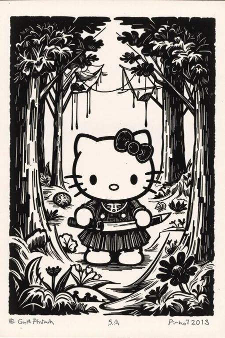 k1ooster black and white drawing of Hello Kitty in the middle of the forest holding a knife, the atmosphere and the character looks scary, Hello Kitty is hidden by the shadows. <lora:Klooster.Border.D8A4.R15E10.ep10:1.0> <lora:Flux-Sch-SingleBlocks-BF16:1.0><lora:796082745626507750:0>