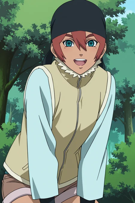 anime coloring, anime screencap,
outdoors, trees,
<lora:Amaru_Hanare_Isaribi_and_Koyuki_Naruto:.9>
Amaru (character), 1girl, solo, black bandana, shorts, blue eyes, open mouth, smiling, red hair, hair between eyes, vest, shorts, long sleeves, looking at the viewer, mole under eye