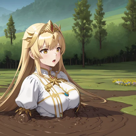 masterpiece, best quality, digital art, deviantart, 1girl, golden hair, large breasts, white dress, gold ornaments, priestess, green grass, hills in the distance, trees, flowers, blue sky, partially submerged, brown mud, mud bog, sticky mud, scared, worried, screaming, close up, upper body shot