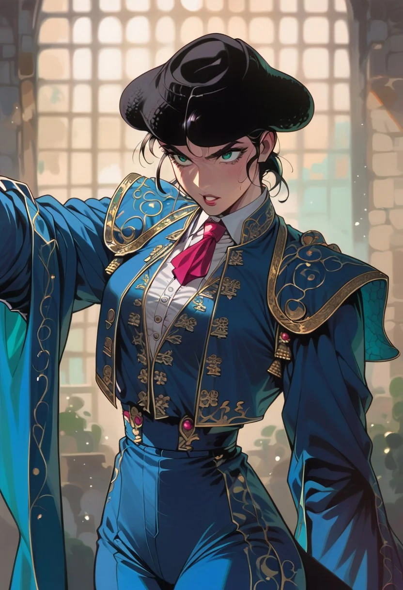 score_9, score_8_up, 2d, highest quality, illustration, 1girl, matador_costume, matador, matador hat, bull in background, bullfight arena, volumetric lighting, cowboy shot