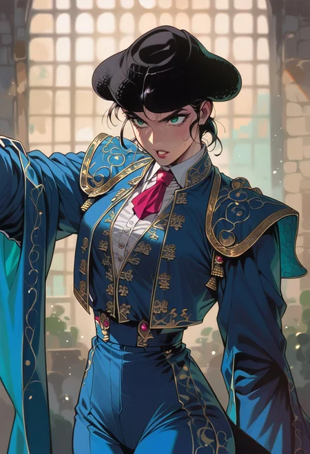 score_9, score_8_up, 2d, highest quality, illustration, 1girl, matador_costume, matador, matador hat, bull in background, bullfight arena, volumetric lighting, cowboy shot