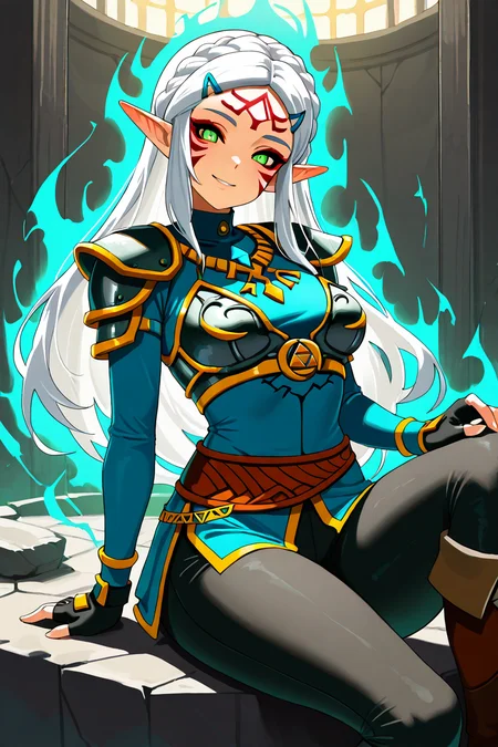 masterpiece, best quality, medium breasts, (curvy), ,,, BREAK, princess zelda, long hair, crown braid, hairclip, pointy ears, blue shirt, long sleeves, fingerless gloves, black gloves, black pants, tight pants, smile, curvy, head tilt, sitting,BREAK, smile, looking at viewer, cowboy shot, <lora:FierceDeityFormIXL:1.0>, zzFierce, facial mark, armor, alternate hair color, alternate costume, alternate eye color, dark persona, , tattoo, facial tattoo, shoulder armor, gloves, white hair, fingerless gloves,boots, aura,