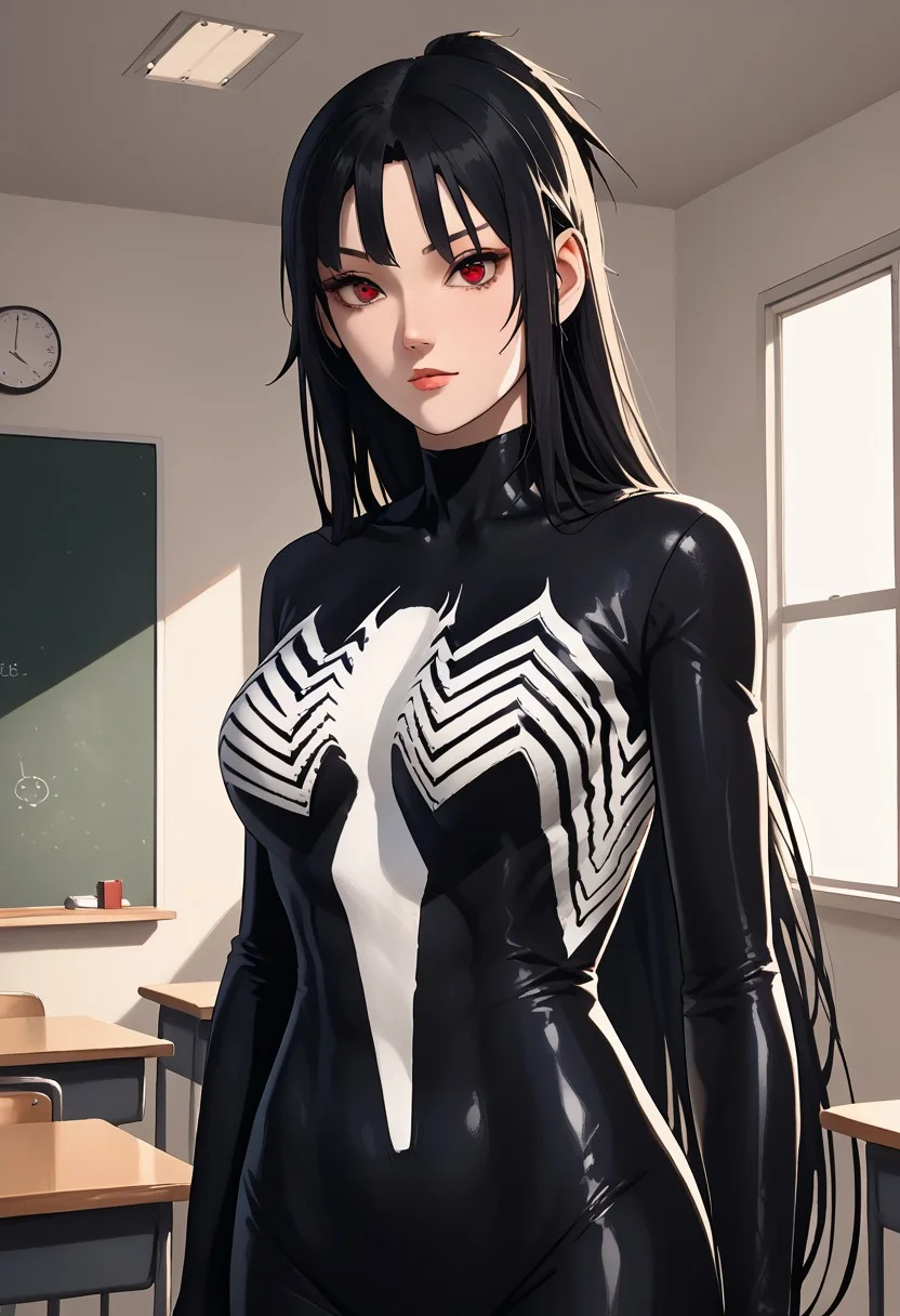 score_9, score_8_up, score_7_up, score_6_up, 1girl , sources_anime, anime-colored, details, <lora:Expressive_H:1> ,Black hair, very long hair, divide bangs, red eyes, biggest breast,sexy pose , nudes girl, thick girl, room, classroom, solo, bodysuit,full black bodysuit, big symbols spider white on suit, perfect symbols spider white on suit, SheVenom, venom suit, symbiote suit,