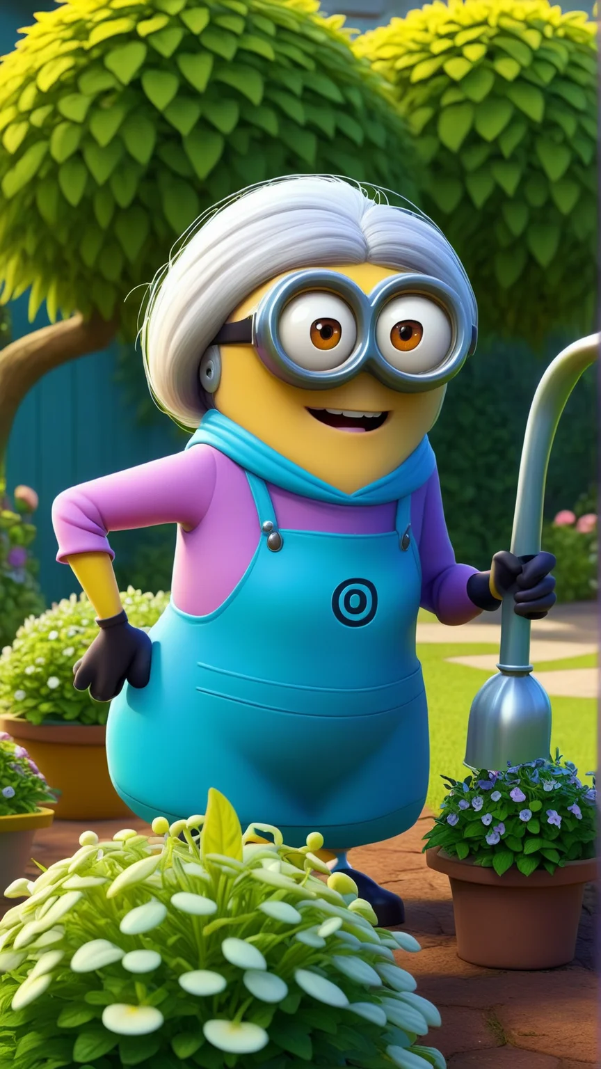 <lora:MinionStyleXL:1.3> MinionStyle an elderly woman in her 70s watering plants in a garden as a minion, 3D, pixar, CG, (colorful:1.2)