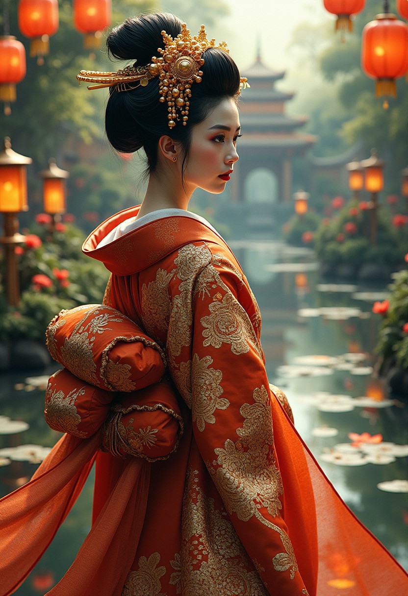 Ornate japanese Geisha in orange black white and golden dress, lace art, golden intricate motifs, lanterns and candles, lilly pond, castle made of rainbow, garden background, dark hair, dark fantasy, intricate details, hyper detailed, Jean Baptiste Monge, Carne Griffiths, Michael Garmash, seb McKinnon, masterpiece