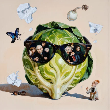 <lora:40s_Vintage_Nudity:0.8> Colour artwork. wraparound sunglasses on a Brussels Sprout. The scene is infused with surreal and absurd anthropomorphic elements. a00-a12
