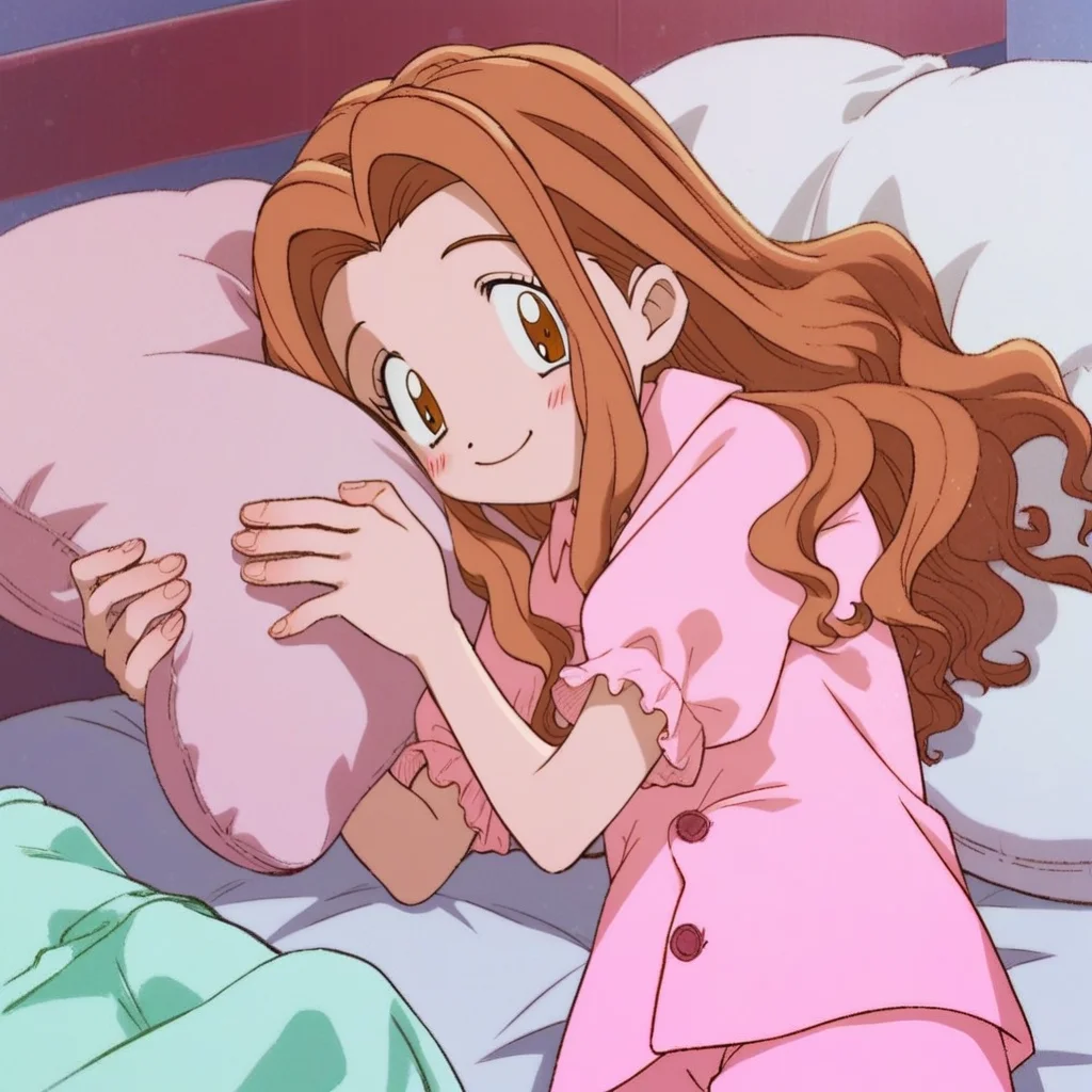 score_9, score_8_up, score_7_up, source_anime, perfect lighting, very aesthetic, intricate details, highly detailed background, high quality, perfect hands, female child, 1girl, solo, mimi tachikawa, digimon adventure, wavy hair, light brown hair, long hair, brown eyes, pink pajamas, pajamas shirt, pajamas jeans, lying on bed, indoors, bedroom, looking at viewer, head on pillow, shy, blush, smile,