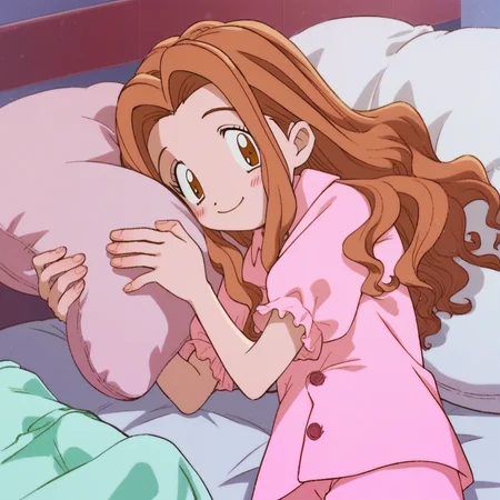 score_9, score_8_up, score_7_up, source_anime, perfect lighting, very aesthetic, intricate details, highly detailed background, high quality, perfect hands, female child, 1girl, solo, mimi tachikawa, digimon adventure, wavy hair, light brown hair, long hair, brown eyes, pink pajamas, pajamas shirt, pajamas jeans, lying on bed, indoors, bedroom, looking at viewer, head on pillow, shy, blush, smile,