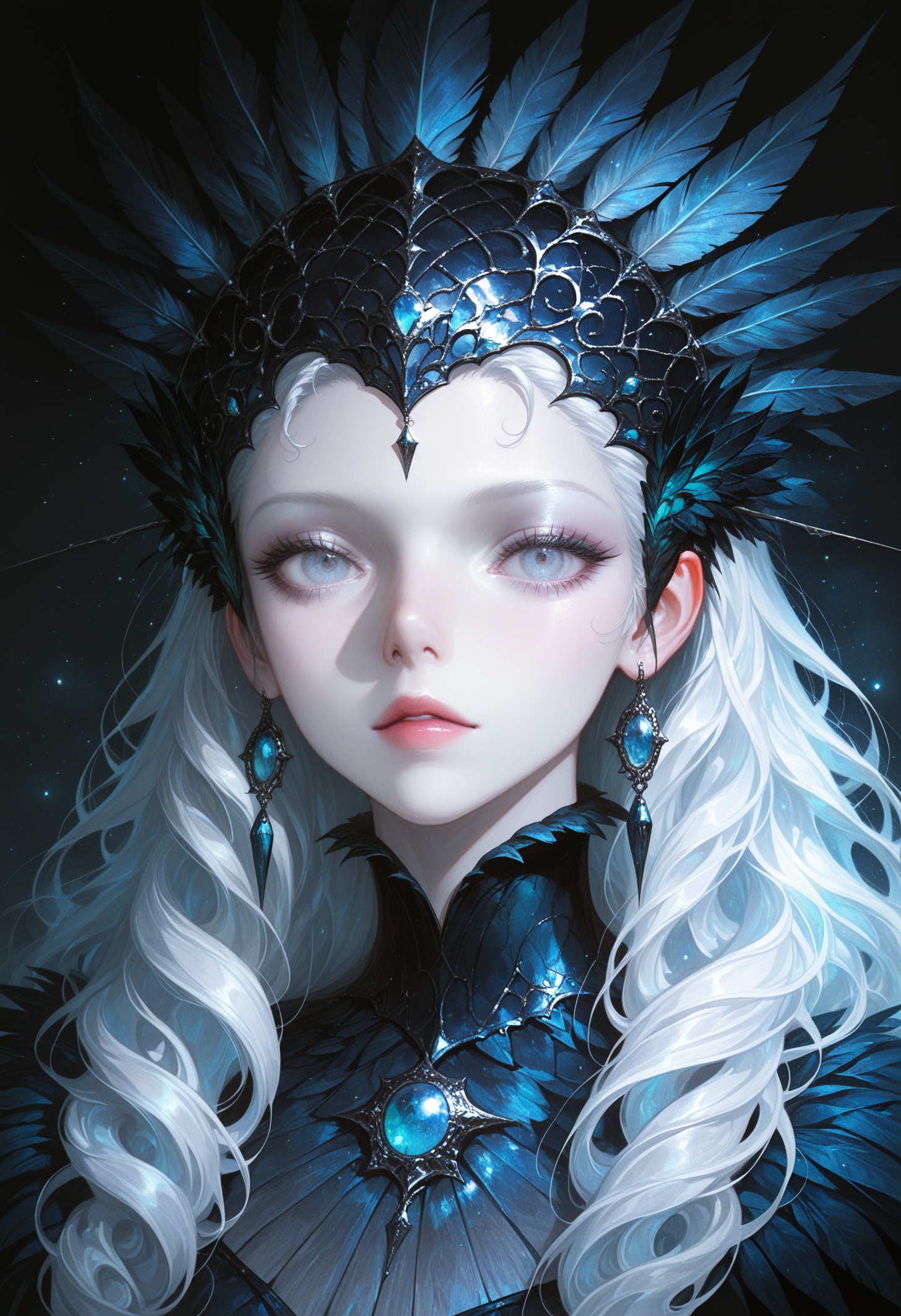 1girl, solo, long_hair, looking_at_viewer, blue_eyes, simple_background, hair_ornament, upper_body, white_hair, parted_lips, lips, grey_eyes, eyelashes, makeup, wavy_hair, feathers, black_background, gem, pale_skin, portrait, light_particles, curly_hair, realistic, nose, headdress, red_lips, feather_hair_ornament, dark_background, black_feathers, black_theme, wat, (scenery, volumetric lighting), masterpiece, best quality, amazing quality, very aesthetic, absurdres, newest, detailed, scenery, (volumetric lighting)