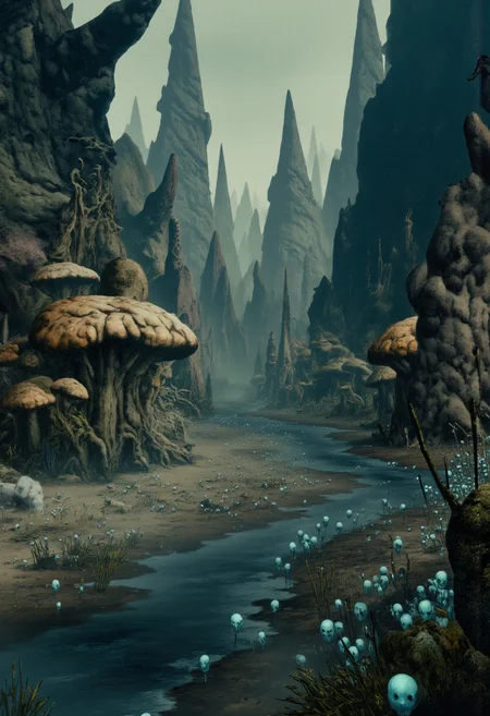 b3rs3rk macro lens d4concept pov, 3D01S, simple background d4artstyle atmospheric and powerful MikeFranchinastyle dark fantasy, natural organic and first person pov of a berserk style creature in the Tsutomu Nihei style
Alien river valley surrounded by towering rocky cliffs, covered in giant mushrooms with textured caps resembling aged leather. The mushrooms range in size, some as tall as trees while others cluster near the water's edge. The river flows gently through the valley, its surface reflecting the soft glow of bioluminescent fungi scattered along the banks. Sparse vegetation grows around the mushrooms, with twisted roots and vibrant, alien grasses adding texture to the scene. Mist rises faintly from the water, creating an ethereal atmosphere. The sky is overcast with diffused light filtering through, casting subtle shadows on the landscape.
Background solid color with a faded dimly lit, fog-covered darkness tone that emphasizes its silhouette. 
UHD letterboxed game trailer frame chromatic aberration dark atmosphere sharp masterpiece with a focus on the character, elden ring, dark atmosphere