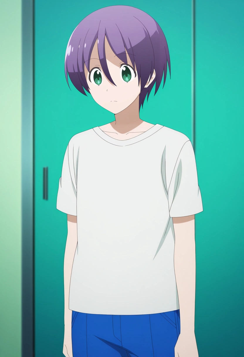 masterpiece, best quality, anime screencap, official style, anime coloring, cowboy shot, 1boy, solo, male focus, <lora:nasa_yuzaki_ilxl:0.92>, nasa_yuzaki, purple hair, green eyes, short hair, hair between eyes, ,