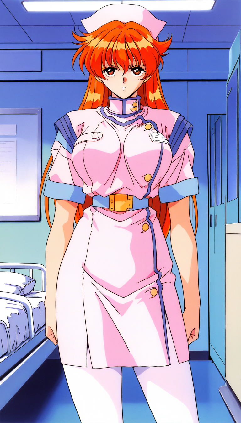 masterpiece, best quality, good quality, <lora:Nogiwa_Miho_OVA_IS:1>
Nogiwa_Miho_OVA, long hair, orange hair, bangs, brown eyes, large breasts, 1990s (style) 1girl, solo, nurse, hat, pantyhose, nurse cap, serious, hospital room, looking at viewer, white pantyhose, belt, short sleeves,