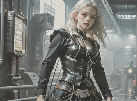 score_9, score_8_up, score_7_up, character portrait, angled, 1girl, pale skin, medium breasts, <lora:sm0k3XLP:1>, <lora:goth_clothes:1>, lace-up cords, corset, black combat boots, Long white hair, young face, <lora:Always_In_Flux_Style:1>, <lora:0779 science fiction world_v1_pony:1> ruanyi0779, science fiction, neon lights, cable, industrial pipe,